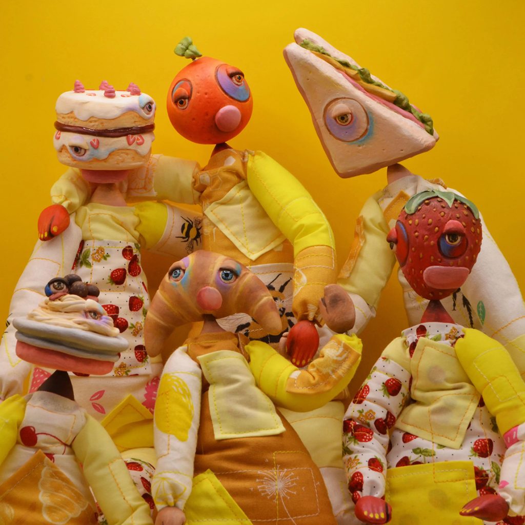 Student work by Kimberley Gaskin. Dolls made from baked goods and fruits