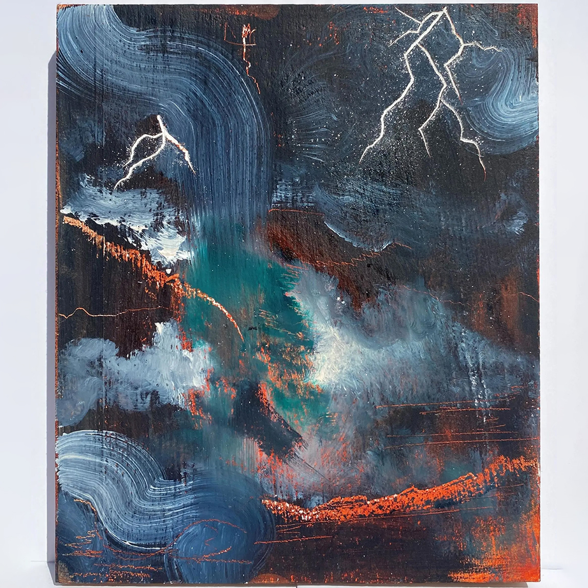 Student work by George Bosworth has abstract impressions of severe weather with bold and dramatic mark making