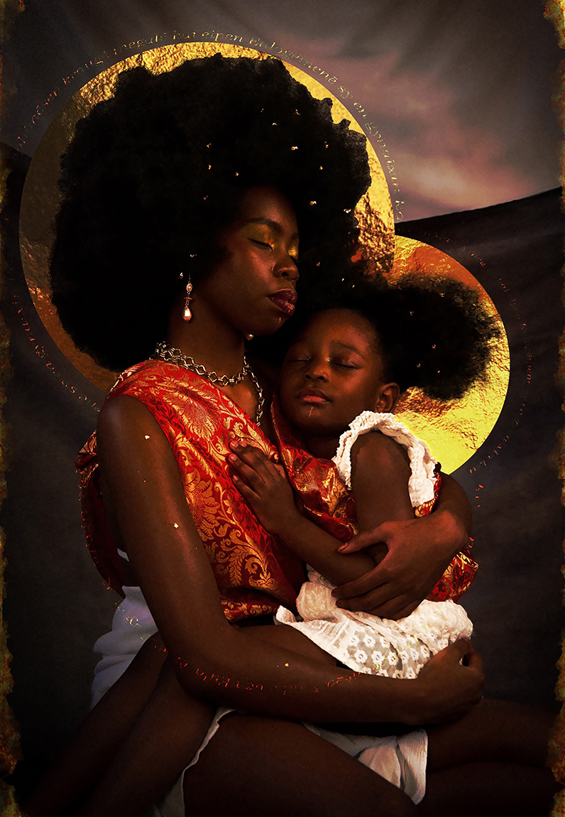 The motherhood shoot was inspired by renaissance portrayals of the biblical figure Mary (the mother of Jesus). (‘The Sistine Madonna’ by Raphael being the biggest influence). The images show a mother and her child outlined with Greek biblical text quoting (Luke 1:42) ‘…Blessed art thou among women and blessed is the fruit of thy womb.’ The Mother figure is an allegory for mothers who in this context symbolise ‘the beginning of life’. Renaissance art often romanticises relational characters, so I conceptualised the mother and child to replicate Raphael’s ‘The Sistine Madonna’ and other classic portrayals of the biblical figure in a renaissance-esque editorial style. Creative director, stylist, set designer – Noreen M H Photographer – Eleanor Bartltop Assistant – Samuel Ogunleye Makeup Artist – Mariogona Selimi Models – Noreen M H & Aletheia R H