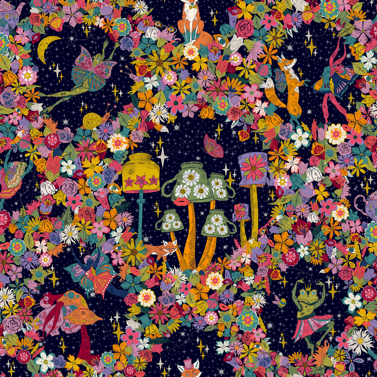 Student work by Charlotte Standen entitled 'if you wake at midnight'. Detailed psychedelic floral pattern, with mushrooms which have upside down teacups for caps, and dancing anthropomorphic frogs, foxes, and butterflies