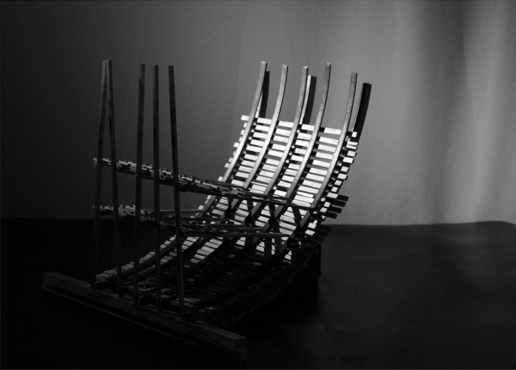 Student work by Kelsey Fordham shows a model of the ribs of a deconstructed boat