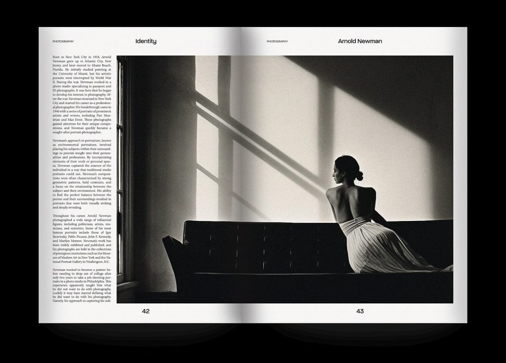 A magazine spread from a Design for Publishing degree project showcases a black and white photograph of a woman on a couch. Wearing a strapless dress, she faces away as sunlight casts geometric shadows on the wall. The image graces pages 42 and 43, captured by photographer Arnold Newman.