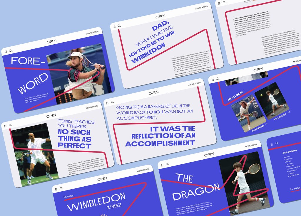 A collage of website screenshots displays tennis-themed designs alongside quotes like "Tennis teaches you there's no such thing as perfect" and "The Dragon." Featuring tennis players and a bold "Wimbledon 1992" text, it epitomizes the creativity one might explore in a Design for Publishing degree.