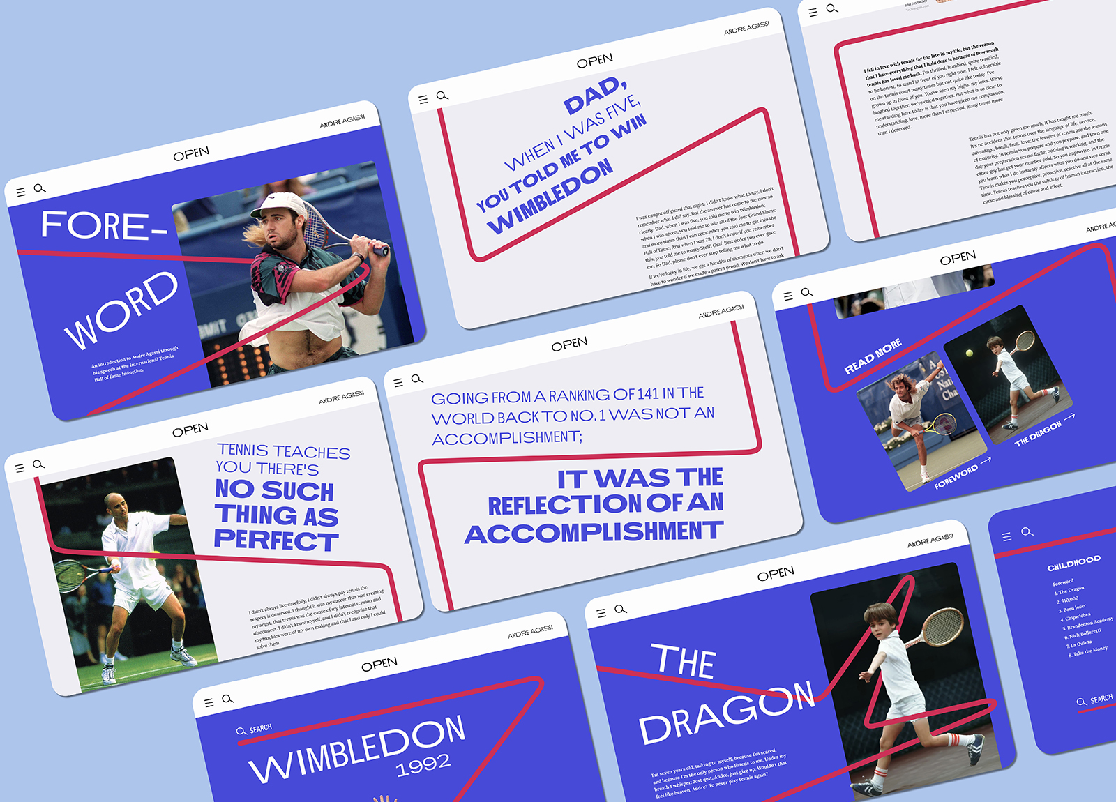 A collage of website screenshots displays tennis-themed designs alongside quotes like "Tennis teaches you there's no such thing as perfect" and "The Dragon." Featuring tennis players and a bold "Wimbledon 1992" text, it epitomizes the creativity one might explore in a Design for Publishing degree.