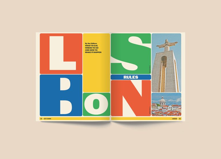 An open magazine spread with colourful block letters spelling "LISBON" shows the creativity akin to a Design for Publishing degree. The right page features a photo of a tall statue and a city skyline against a blue sky, with text on "RULES" and columns about what to see and do in Lisbon.