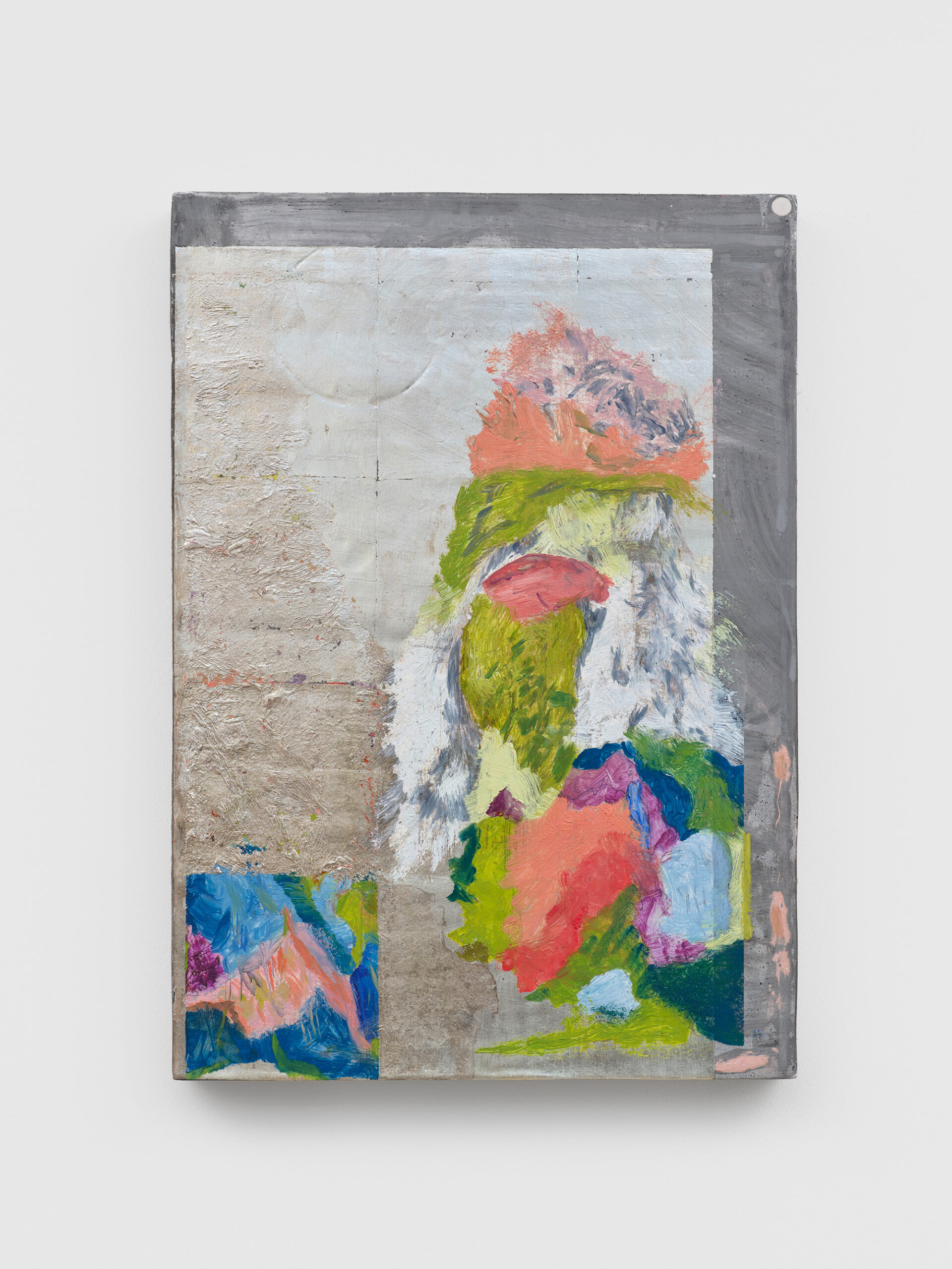 A mixed-media abstract painting features vibrant, textured patches of green, pink, orange, blue, and white, layered on a muted gray and silver background. A smaller, colorful abstract section appears in the lower left corner.