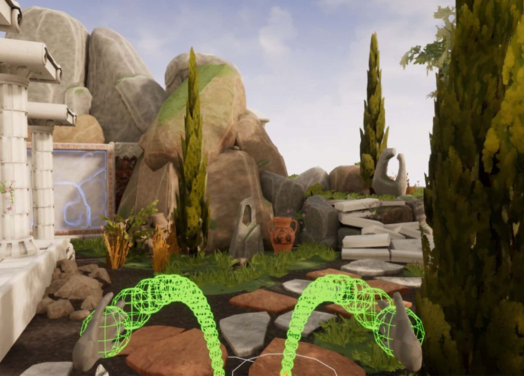 Image of a games environment with plants and stone walls