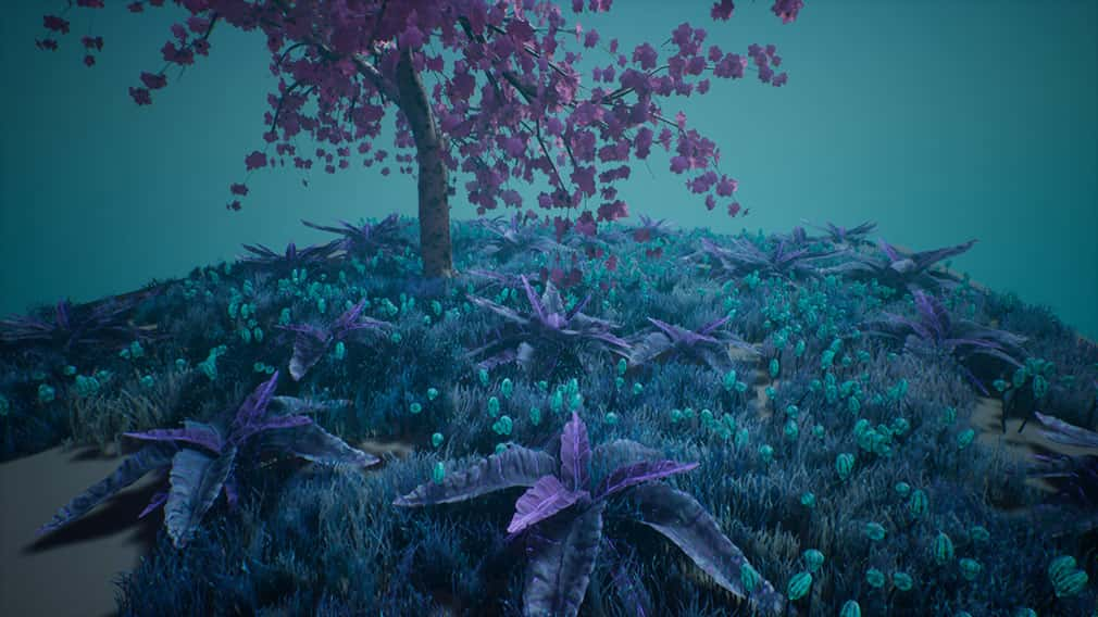 Digital environment with purple alien foliage