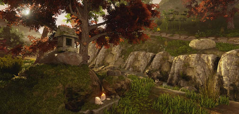 animated environment of a shrine in a forest