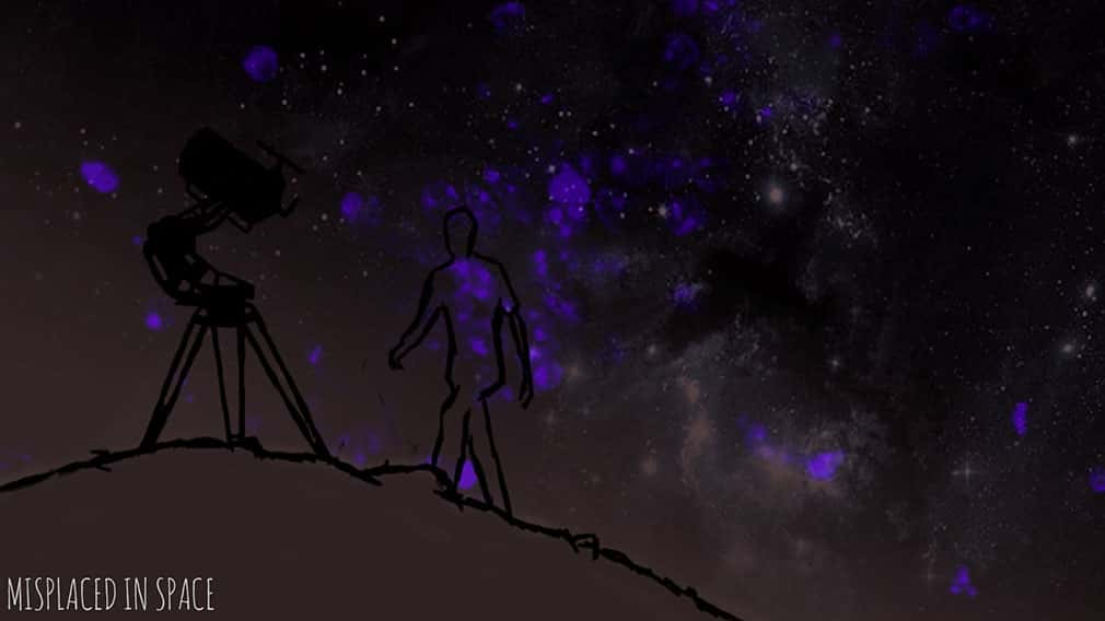 Line drawing in black shows a figure walking towards a telescope on tripod, with a background of dark grey and purple galaxy print