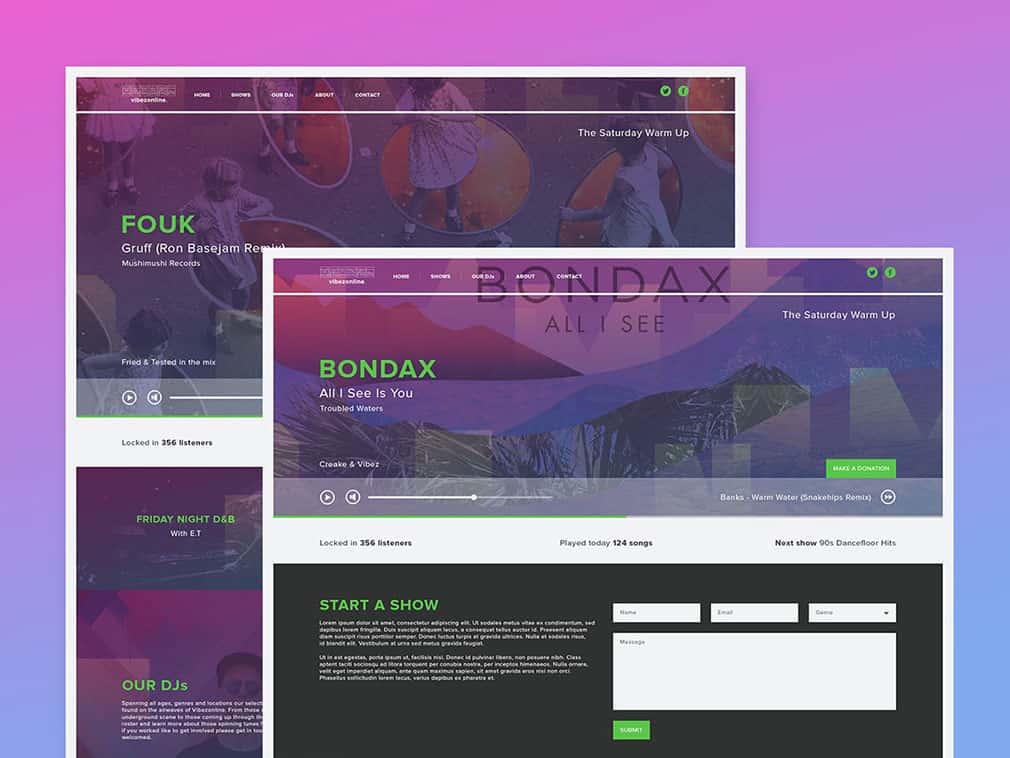 Wireframe mockups of a website with purple and green theme