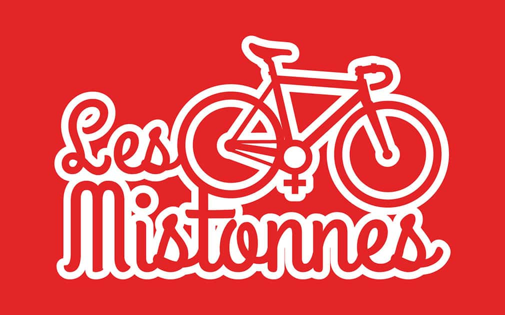 bold cursive style type face in negative space with white outline over a bright red background, text reads Les mistonnes and is wrapped around a road bicycle with the 'female' symbol as the crank and pedals