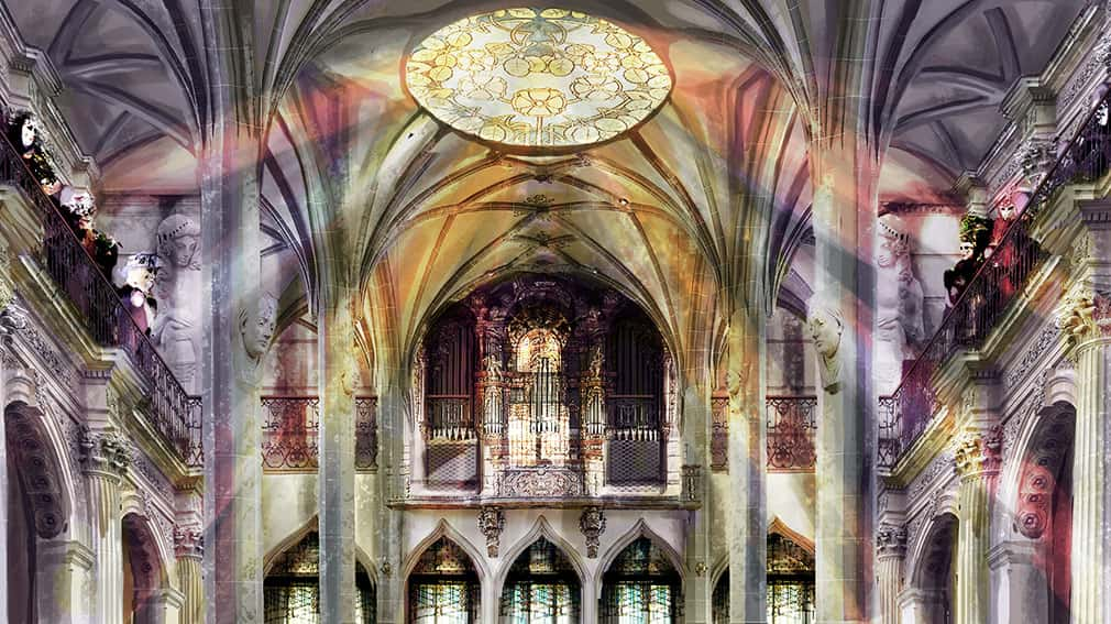 Animated environment with an ornate cathedral ceiling