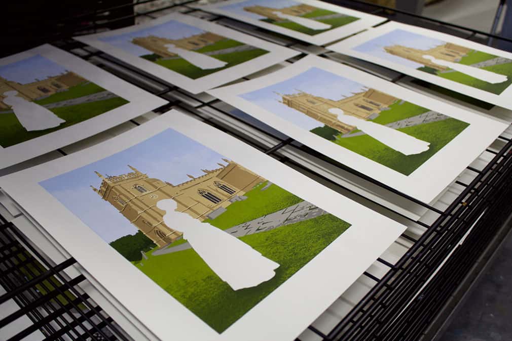 Prints of a church building with a white silhouette removed