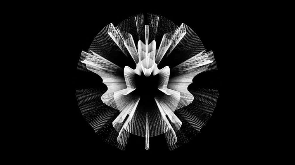 Spherical wave pattern with symmetrical white flairs on black background