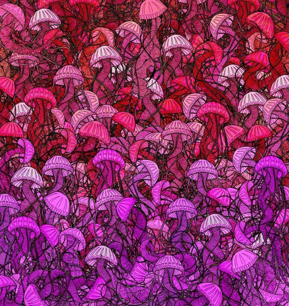 Repeating pink and violet pattern with mushrooms overlapping and tesselating