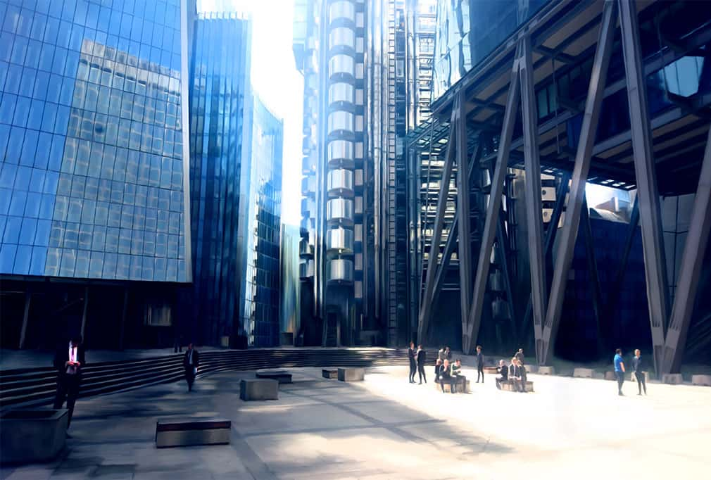 Digital environment of a courtyard in a city with business people in suits walking amongst skyscrapers