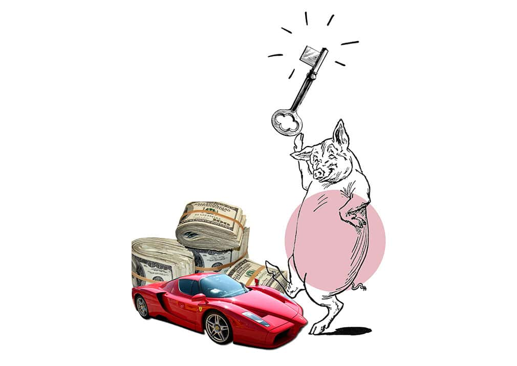 An illustrated pig walking on two legs and holding an old fashioned key above it's head, walks towards a red sportscar and bundles of bank notes