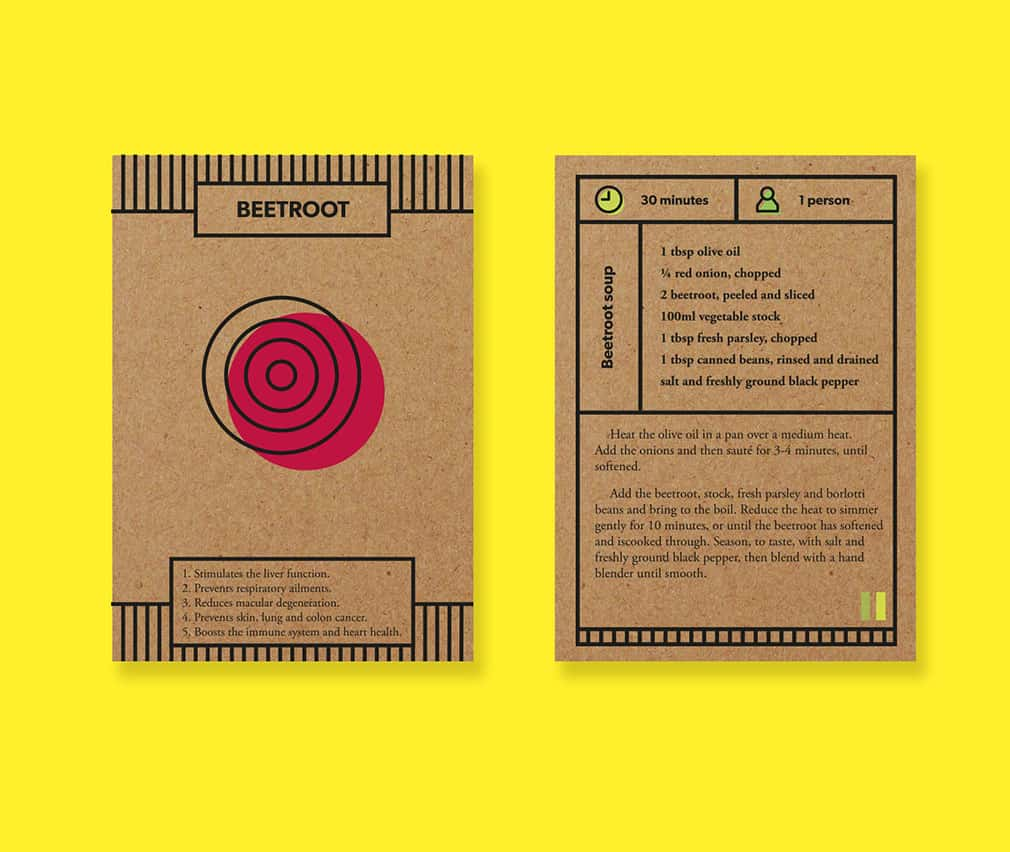 Side by side images show each side of a seed packet, with black print on cardboard texture. There are spot prints of yellow and beetroot red