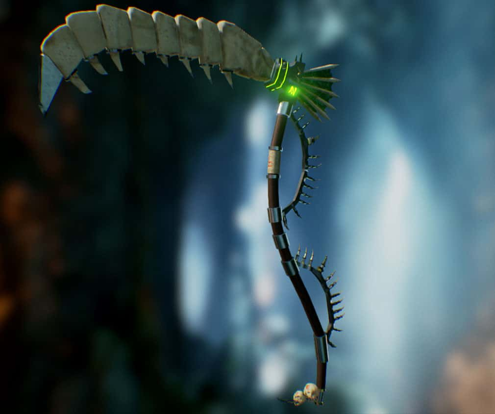 A 3d model of a spiked scythe with glowing green detail