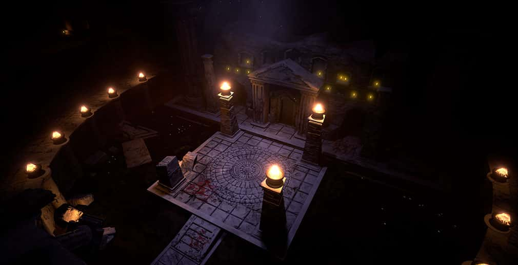 A digital environment with square stone platform lit by lanterns on plinths in a dark tomb