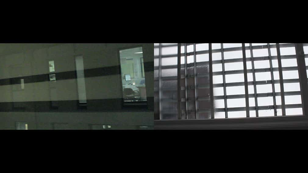 Two frames side by side showing scenes from a hospital