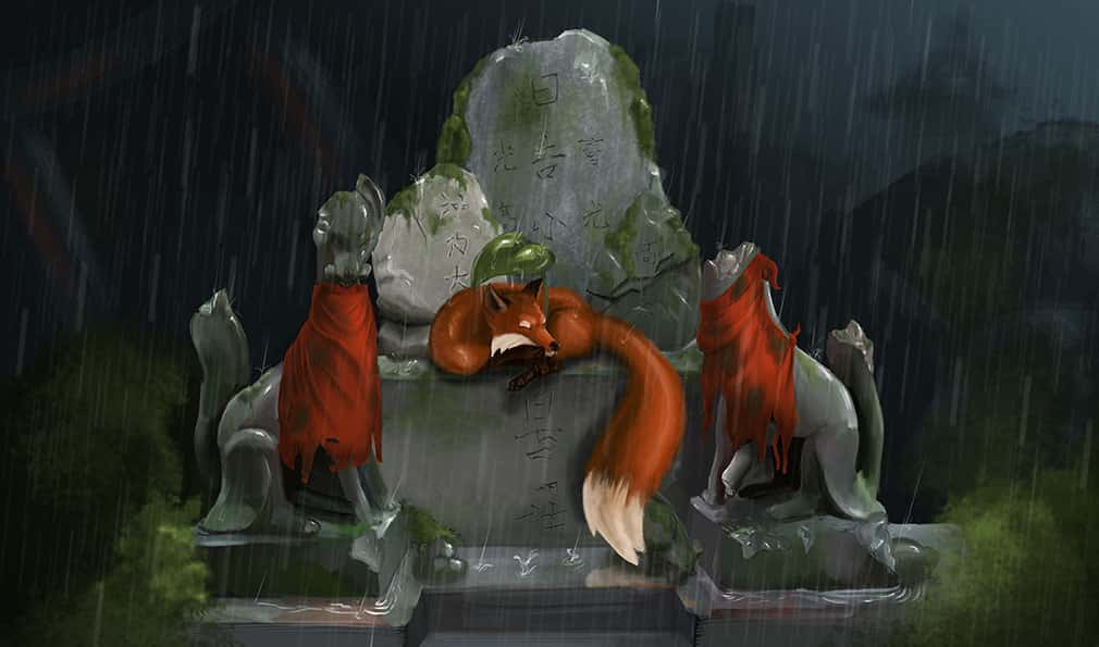 Digital drawing of a fox sleeping on a derelict stone throne