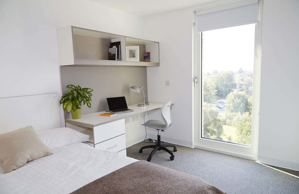 photo of bedroom shows white walls and grey carpet with tall window in background and a desk with computer and chair and a bed with cushion in the foreground