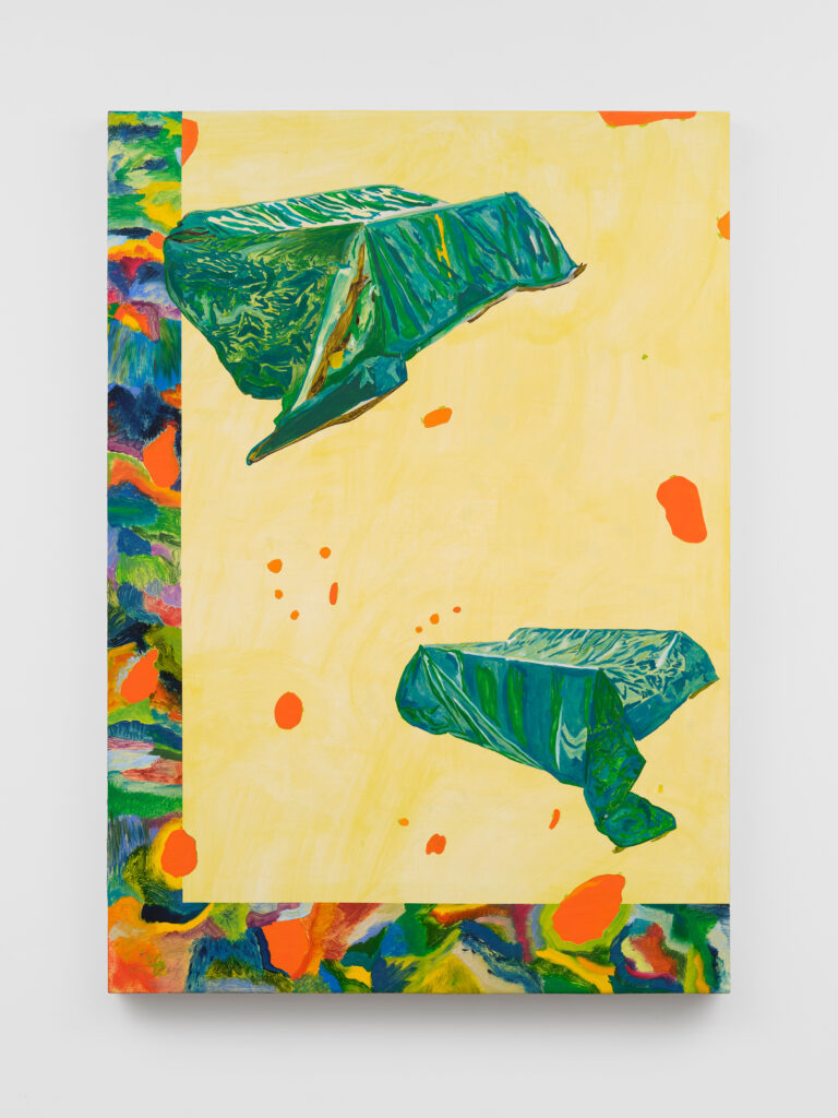 A colorful abstract painting features two green, fabric-like shapes floating on a pale yellow background with scattered orange spots. The edges are bordered with vibrant, multicolored patterns.