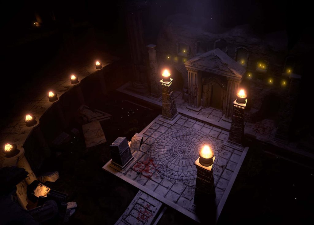 Image of a games environment featuring plinths with lanterns