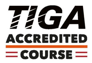 logo for TIGA course accreditation features title of T I G A with accredited course title with red lines separating them