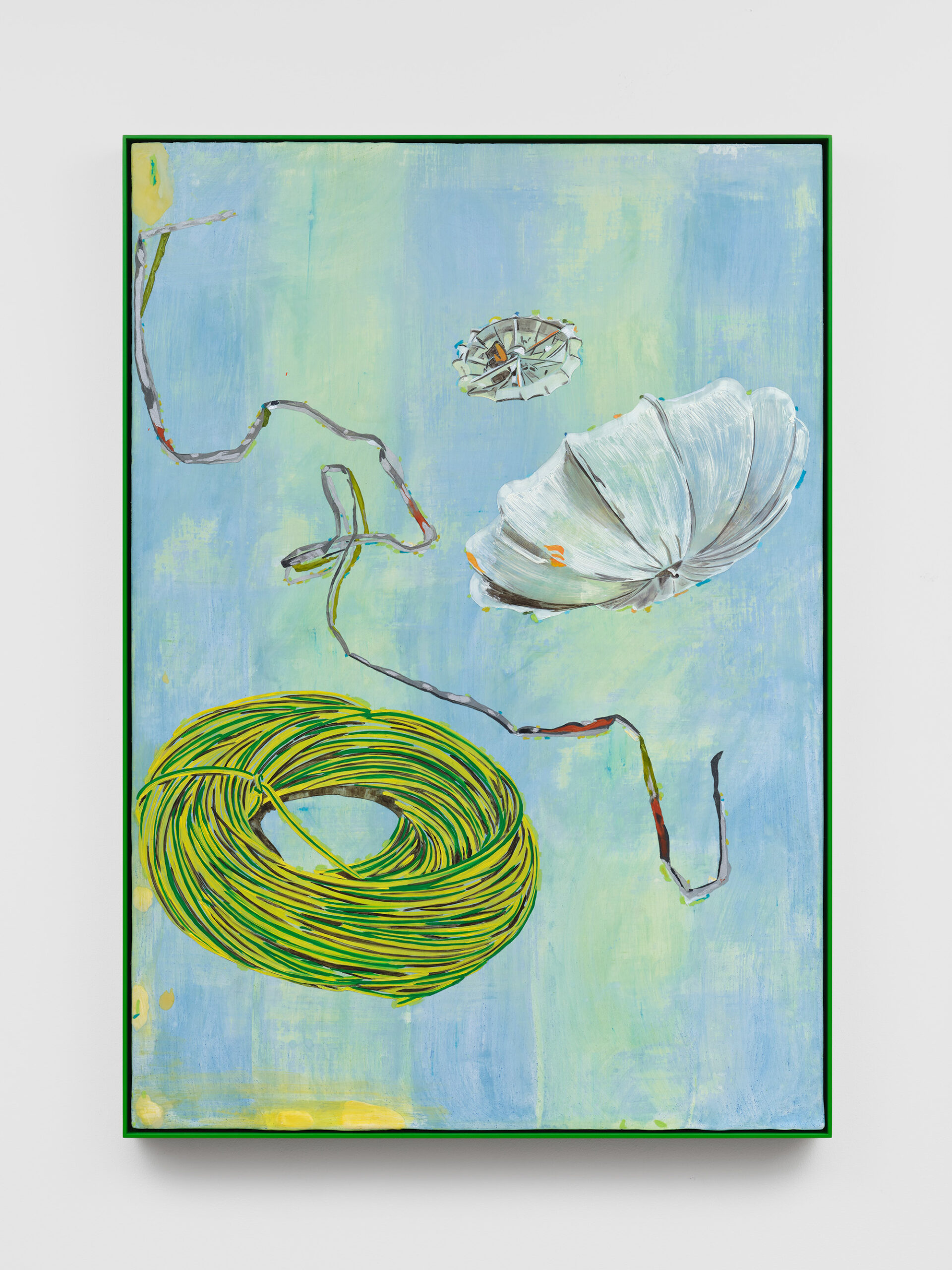 Abstract painting with a blue and green background, featuring a coiled green and yellow rope, a white petal-like shape, a tangled wire ball, and winding branches or wires across the canvas.