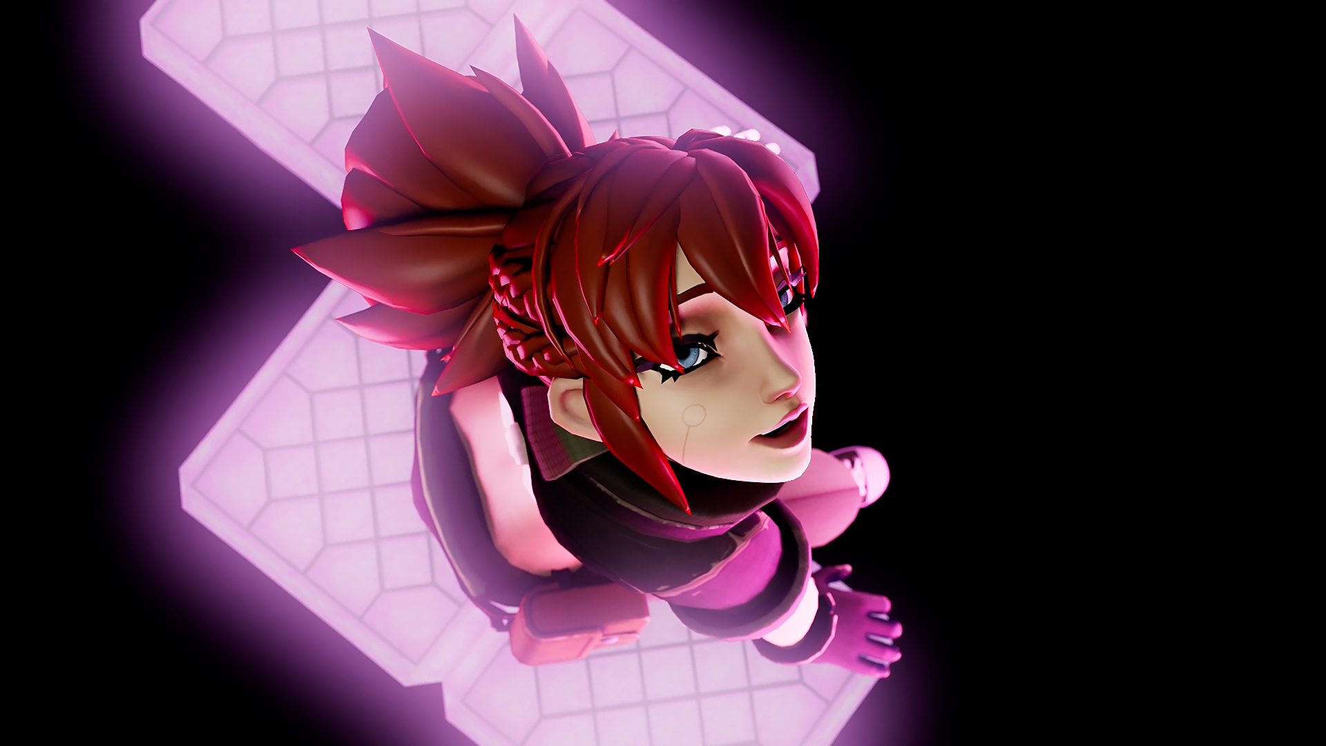 A digitally rendered character with red hair and a futuristic outfit looks upwards with a determined expression, illuminated by a pinkish-purple light. The background is predominantly dark, with a geometric, illuminated pattern below the character—showcasing animation visual effects at their finest.