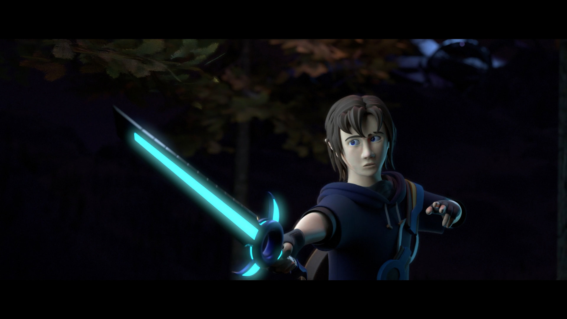 A young animated character with short brown hair holds a glowing blue sword, appearing ready for battle. He is dressed in dark clothing with a determined expression. Enhanced by intricate animation visual effects, dark foliage is visible in the background, adding to the scene's intensity.