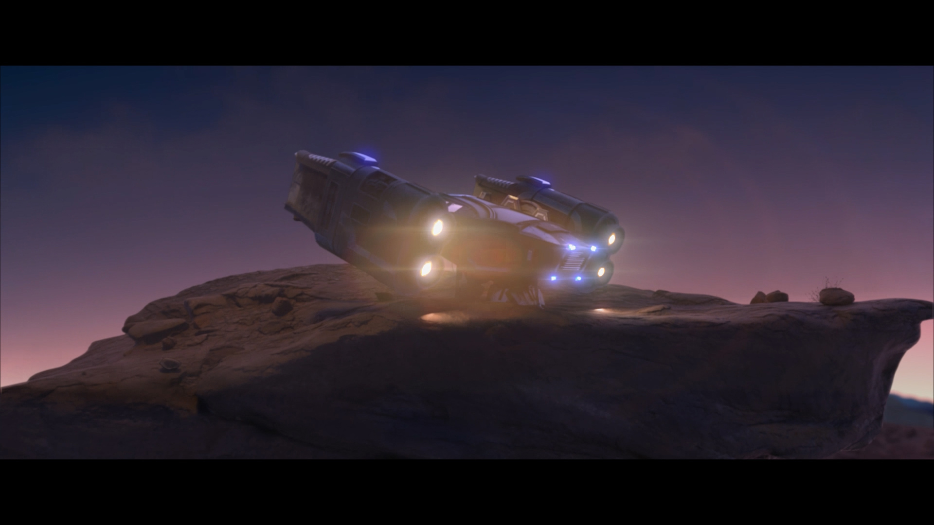 A futuristic spacecraft with bright lights hovers above a rocky landscape at dusk or dawn. The sky has a gradient of dark blue and purple hues, adding a mysterious atmosphere to the scene, perfect for showcasing animation visual effects techniques in an advanced degree course.