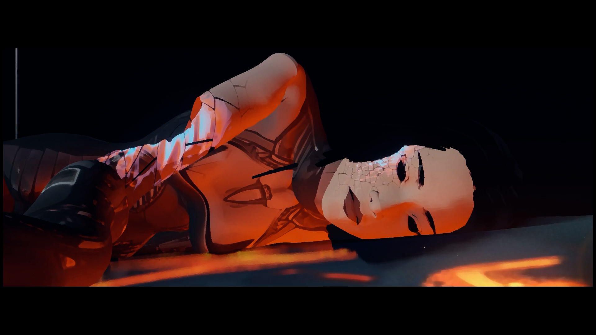 A digital artwork of a woman with a cracked face, lying down with a somber expression. The scene is dark with glowing orange elements, highlighting her futuristic and possibly cybernetic appearance. The animation effects add to the intense and melancholic mood, making it an ideal study piece for a visual effects degree course.