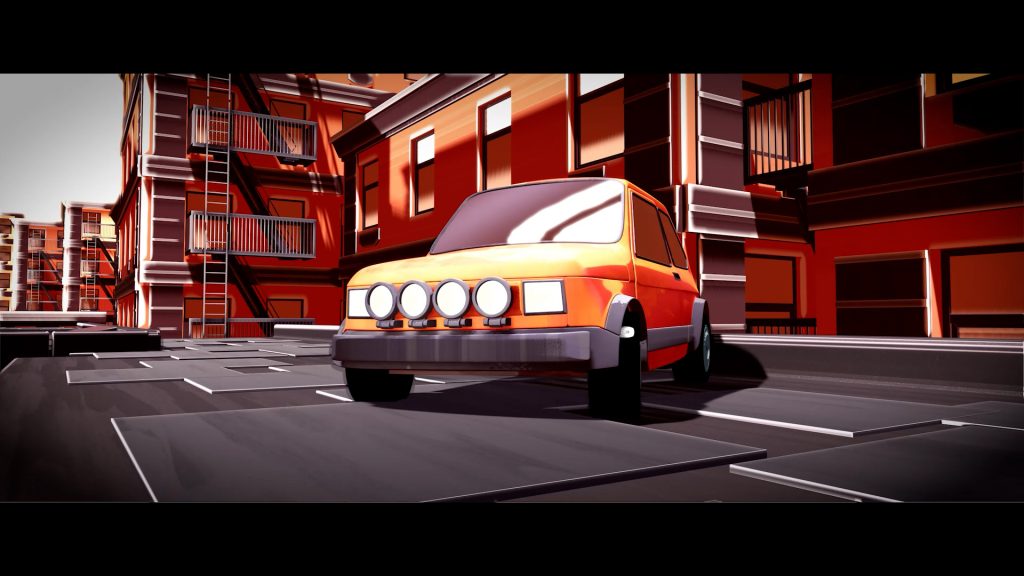 A stylized, animated scene depicts an orange car with four large round headlights parked on a street lined with brown and orange apartment buildings. Enhanced by animation visual effects, the scene has a cartoonish, high-contrast appearance with prominent shadows and highlights.