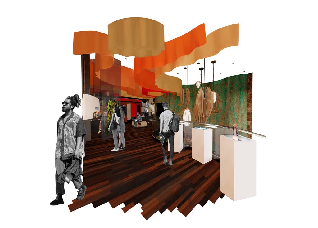 Student work by Lucy Cave collage of an exhibition space with warm colours and sound baffles on the ceiling