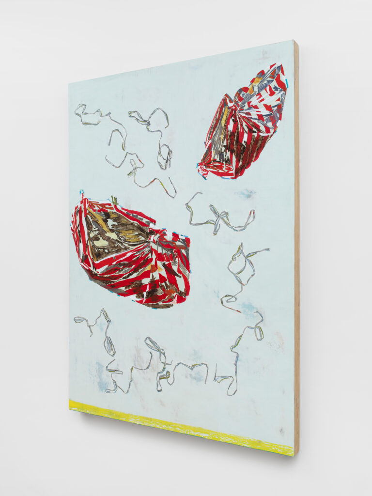 A painting with two red-and-white striped paper boats floating on a pale blue background, with loose gray squiggly lines between them and a yellow line along the bottom edge of the canvas.