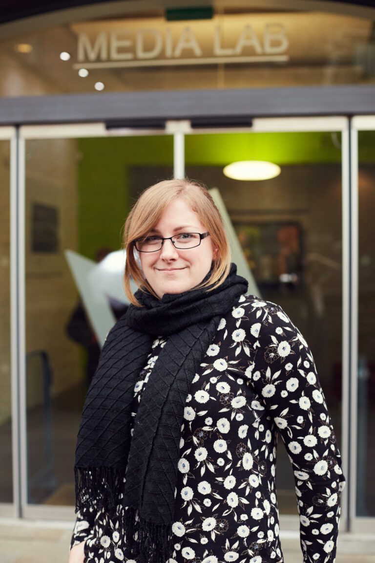 Kaliegh Branham of Norwich University of the Arts standing outside the Media Lab