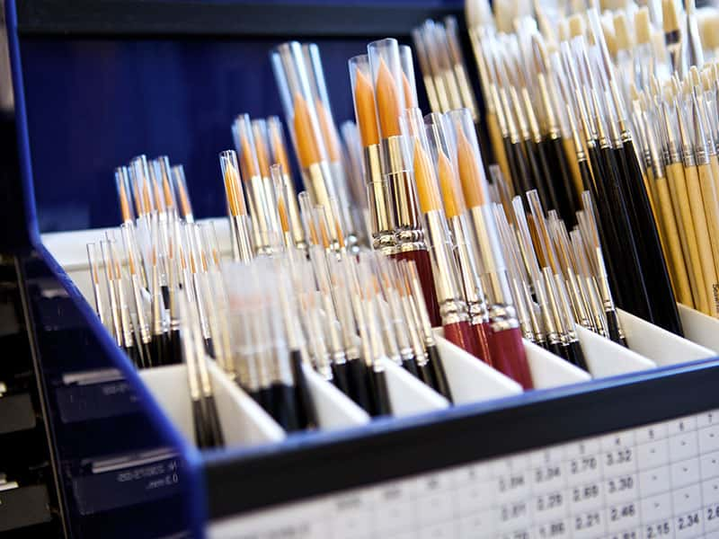 A display of paint brushes at the Norwich University of the Arts shop