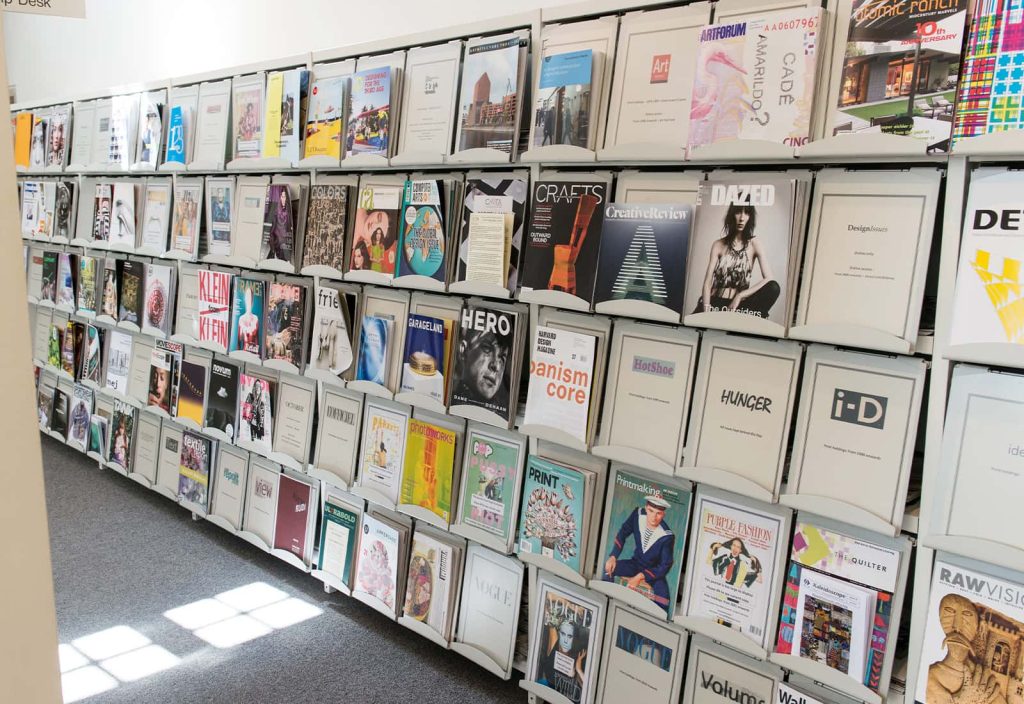 Racks of creative magazines in the Library