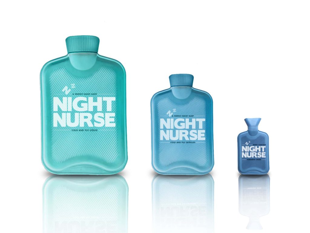 Image of three hot water bottles with the typography Night Nurse on the front of the hot water bottles