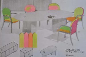 Drawing by Fine Art Research Degree student Sarah Horton showing chairs and office furniture with post it colours.