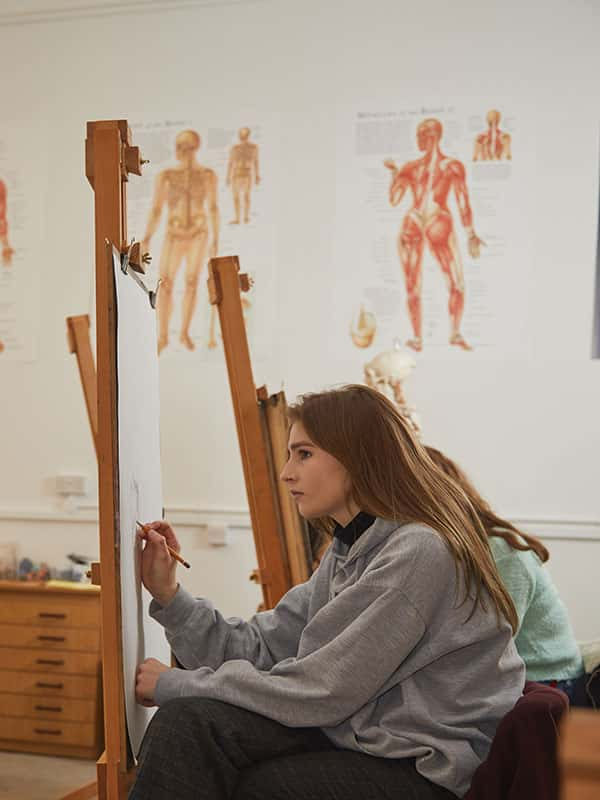 A student with long straight hair draws in pencil at a wooden easel. In the background, large scientific posters show the musculature of the human body.