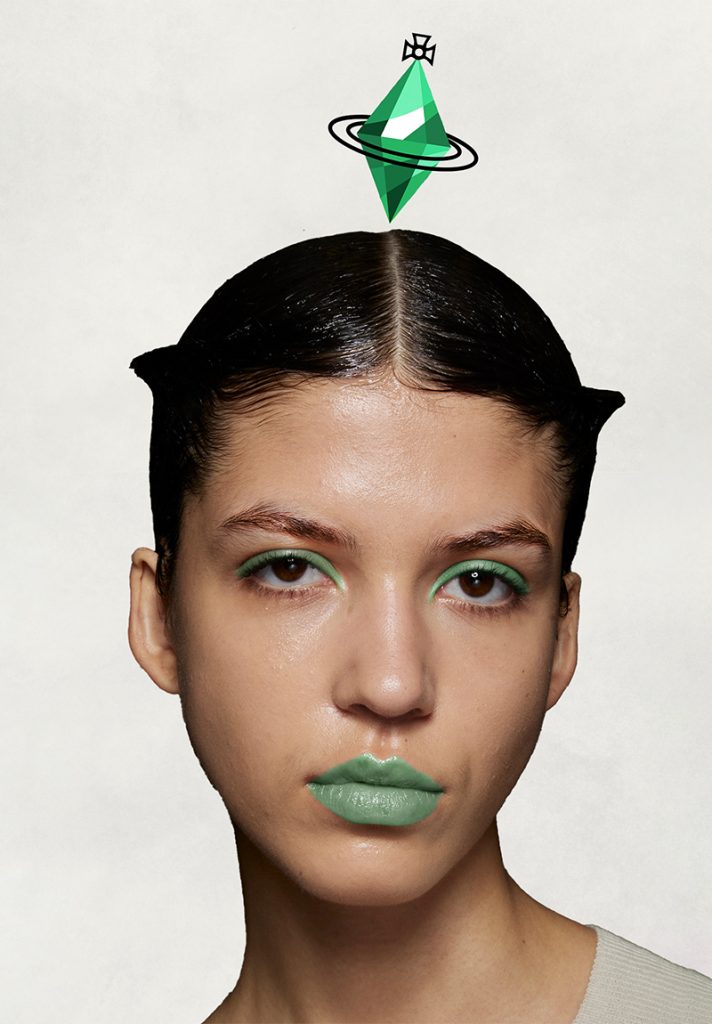 Model with green lips and heavily gelled hair to look like a character from the Sims 4 video game