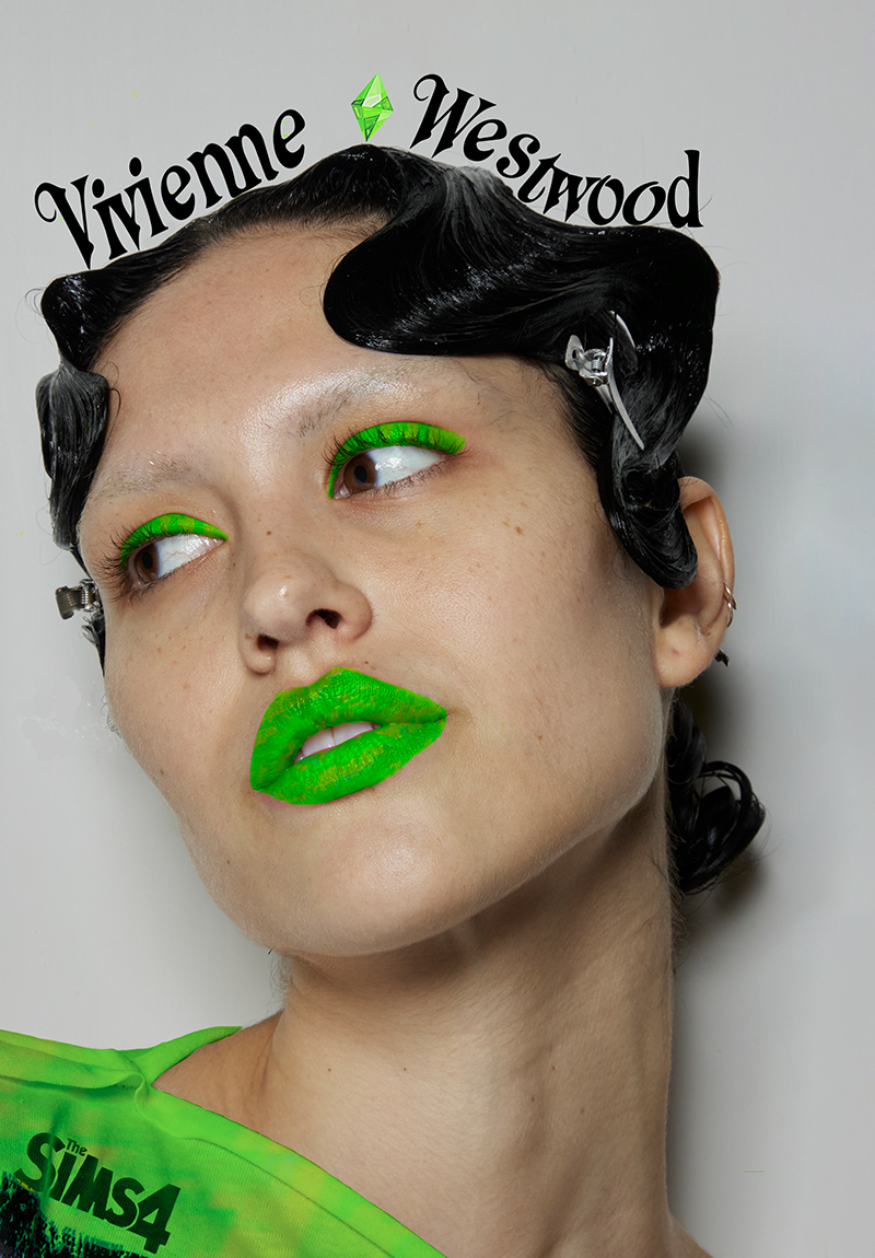 Model with green lips and heavily gelled hair to look like a character from the Sims 4 video game