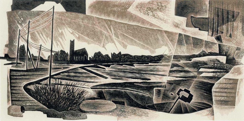 Postcard engraving by BA Illustration Lecturer Neil Bousfield as part of Mapping the Broads exhibition showing marsh lands with a church