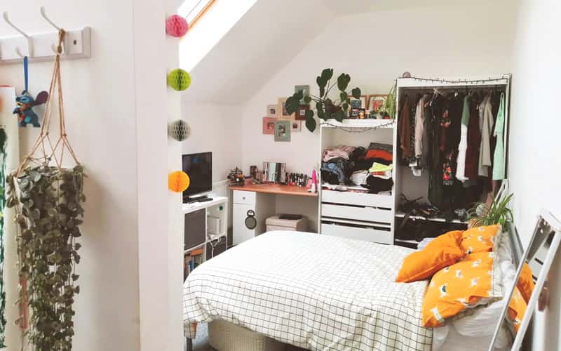 My Student Home: a look at twins Ethan and Molly Brown's terraced home in the city centre. Molly's room is painted white, with a double bed, lots of desk and storage space. It is decorated with fairy lights and plants. Above Molly's bed is a sloping ceiling with a skylight window.