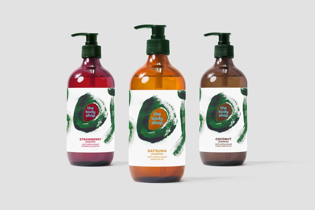 BA Graphic Design work by Lauren Kirby showing 3 bottles of mocked up Body Shop liquids with designed labels